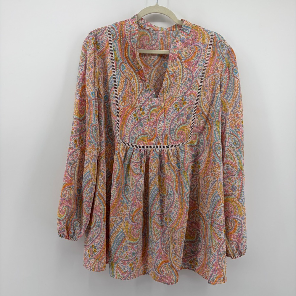 Shein Curve Womens 0XL Multicolor Paisley Blouse Boho Ladder Lace Babydoll Top